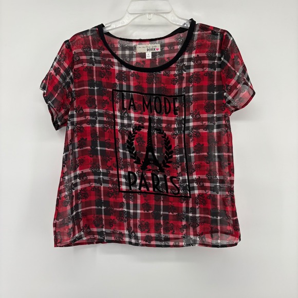 Derek La Mode Paris Eiffel Tower Plaid Sheer Mesh Top Blouse Size L Layering - Picture 2 of 5